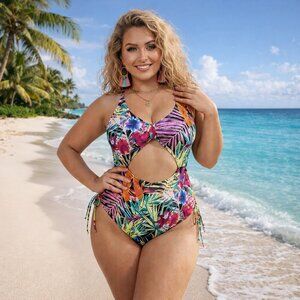 Tropical Cutout One-Piece Curvy Swimsuit 0XL Vibrant Colorful Flattering Fit
